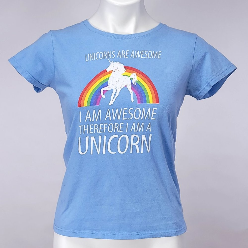 Anvil Womens Blue Unicorn Rainbow Graphic T-Shirt Small Lightweight Cotton Tee‎